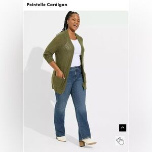 Torrid – Pointelle Longline Open Front Cardigan Sweater (Olive Green, Size 2)